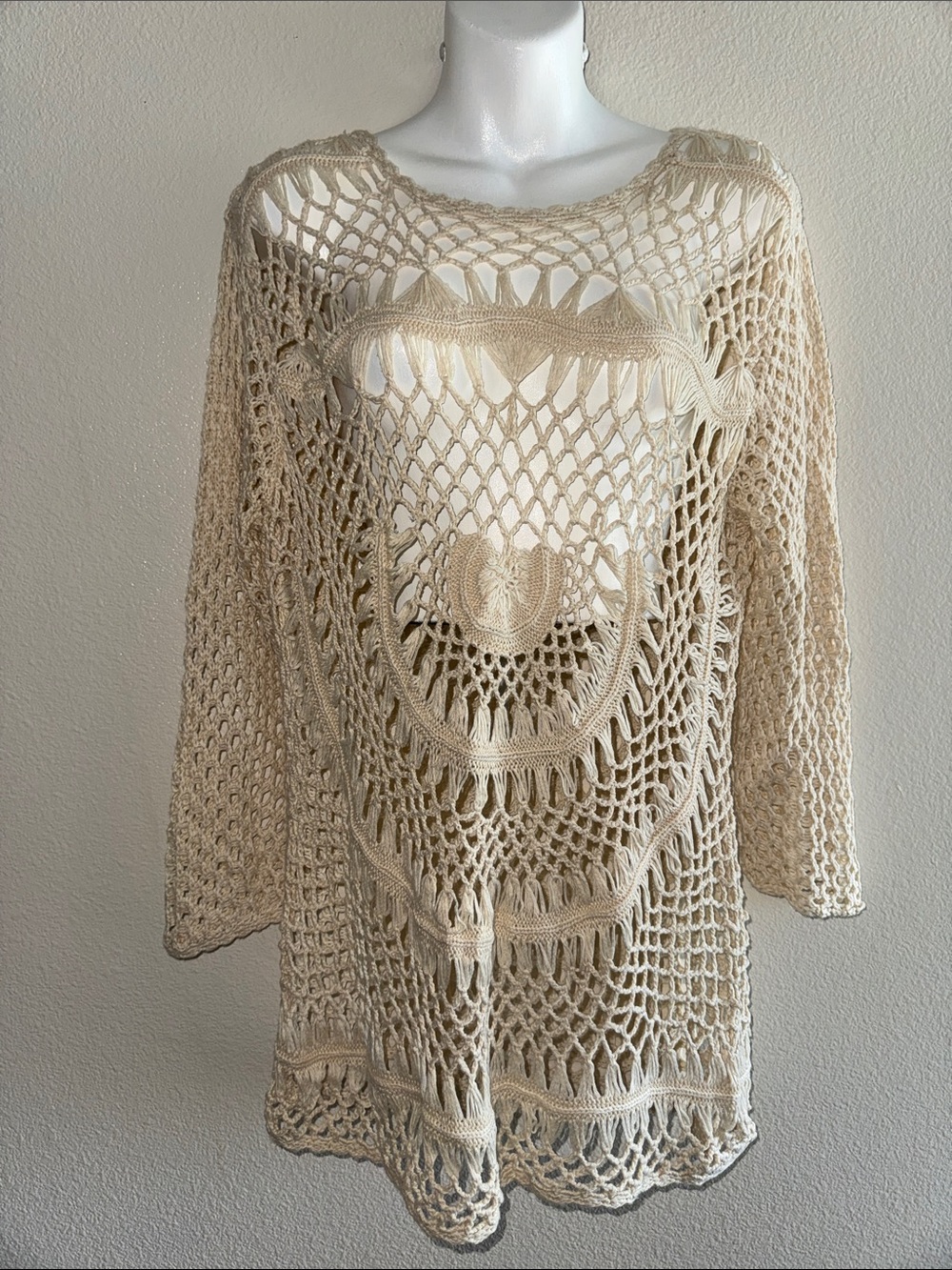 Boho cream Crochet beach bikini Coverup  size L